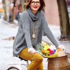 Cabi #3167 Size S  Black White Long Sleeve Fergi Cowl Turtleneck Sweater